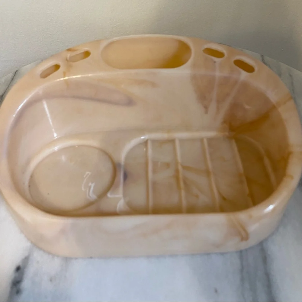 Vtg Plastic Marbleized Bathroom Caddy Toothbrush Holder Cup Holder Soap Dish